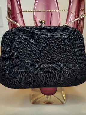Black Beaded Evening Clutch with Gold Chain Chorde Small Clutch